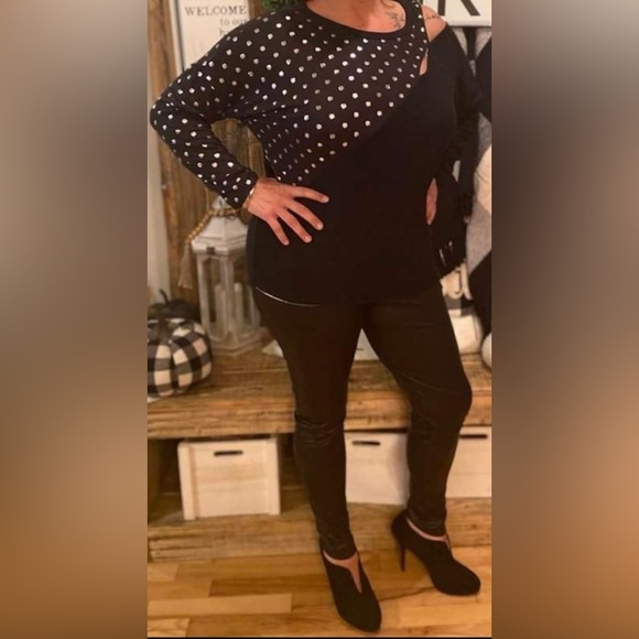 NWOT! A.gain Brand Polka Dot Sweater with Shoulder Split, Black/Silver - Picture 1 of 3